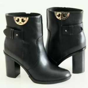 Tory Burch Sidney Black Leather Gold Half Reva Strap Ankle Boots